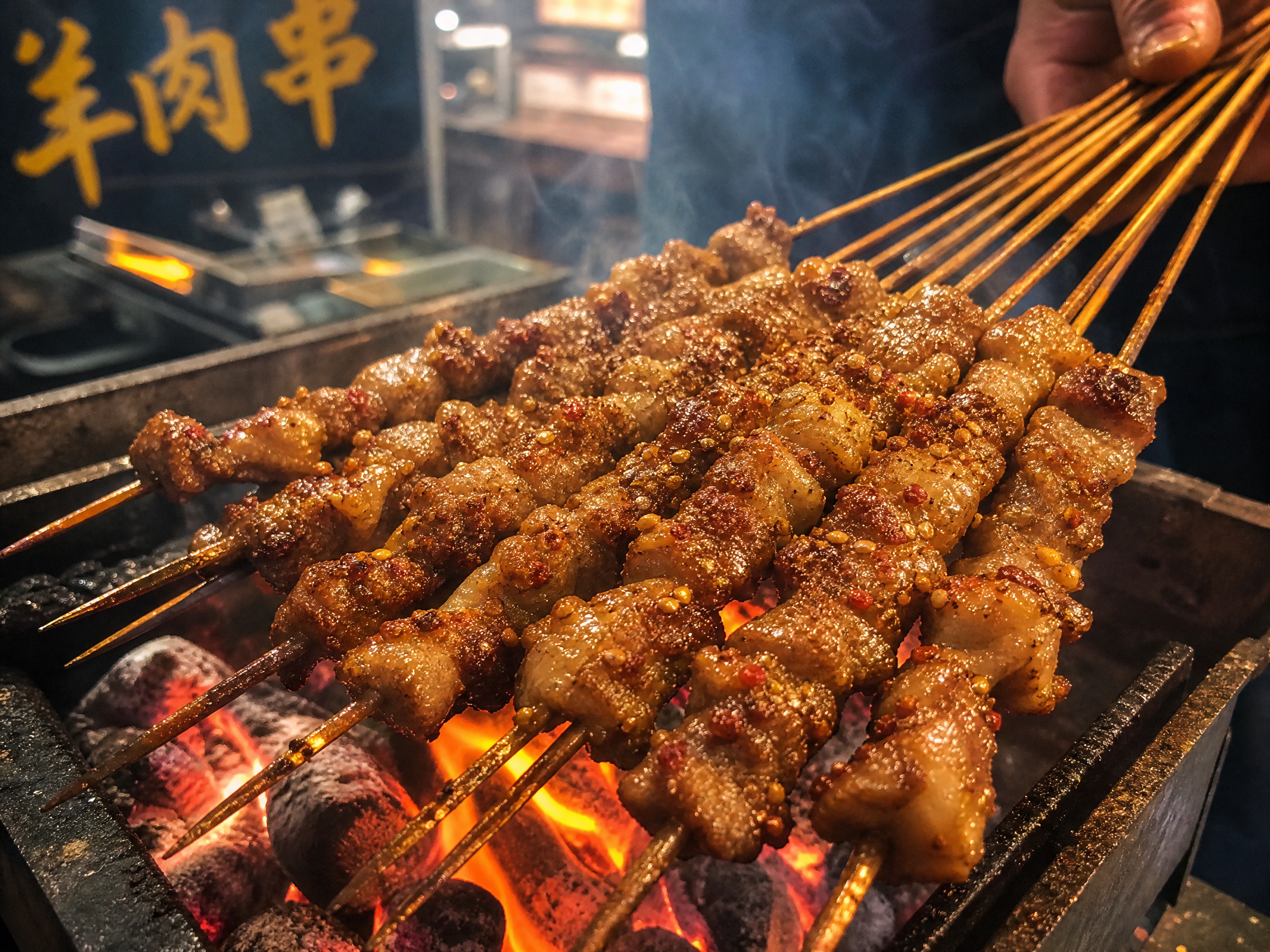 烤串摊位炭火烤羊肉串